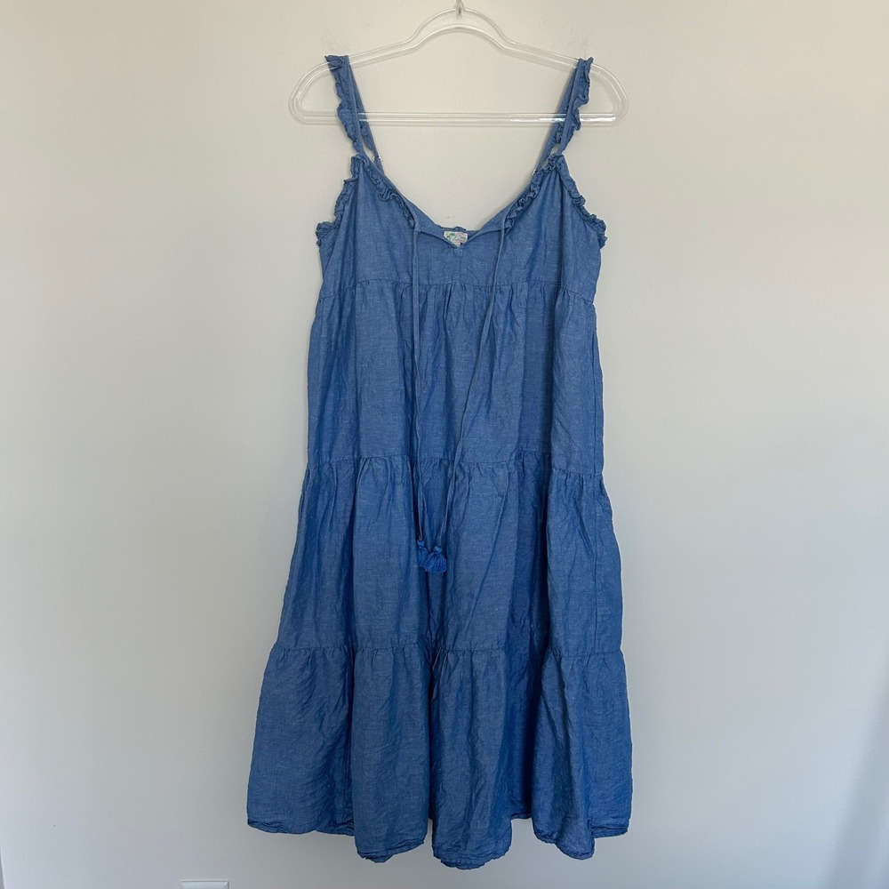 J.Crew Dress Blue Medium Linen Cotton Tiered‎ Ruffle Tassel Midi AV057 Summer
